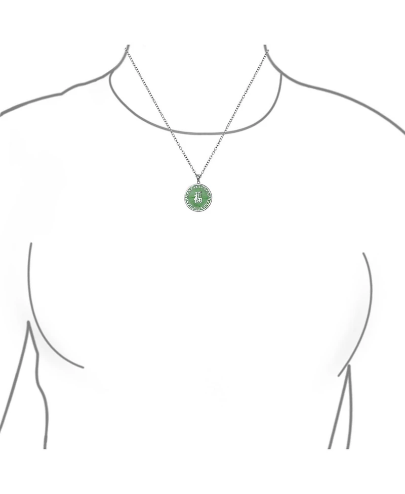 Bling Jewelry Asian Style Framed Circle Round Medallion Good Fortune Fu Character Chinese Symbol Dyed Green Jade Disc Pendant Necklace Sterling Silver