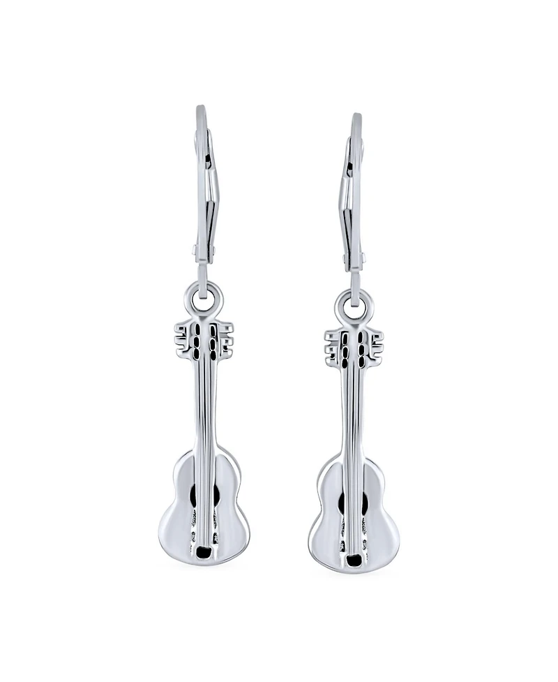 Musician Acoustic Guitar Rock Star Music Lover Instrument Lever back Dangle Earrings For Women .925 Sterling Silver