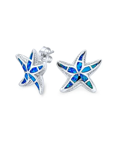 Bling Jewelry Large Nautical Hawaiian Tropical Beach Vacation Blue Inlay Synthetic Opal Starfish Stud Earrings Sterling Silver