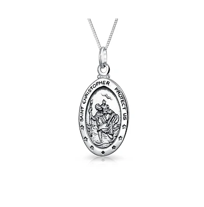 Bling Jewelry Parton Of Safe Travel "Protect Us" Medal Medallion Oval Saint Christopher Pendant Necklace For Women Sterling Silver