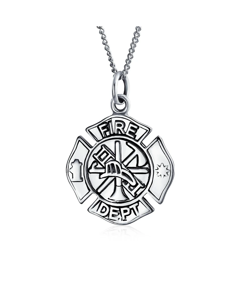 Round Small Firefighter Fire Dept Shield Medallion Pendant Necklace For Firemen Wife For Women Sterling Silver 16 Inch