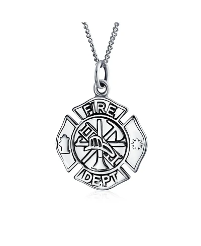 Round Small Firefighter Fire Dept Shield Medallion Pendant Necklace For Firemen Wife For Women Sterling Silver 16 Inch