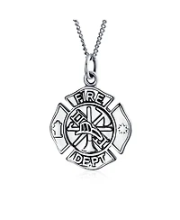 Round Small Firefighter Fire Dept Shield Medallion Pendant Necklace For Firemen Wife For Women Sterling Silver 16 Inch