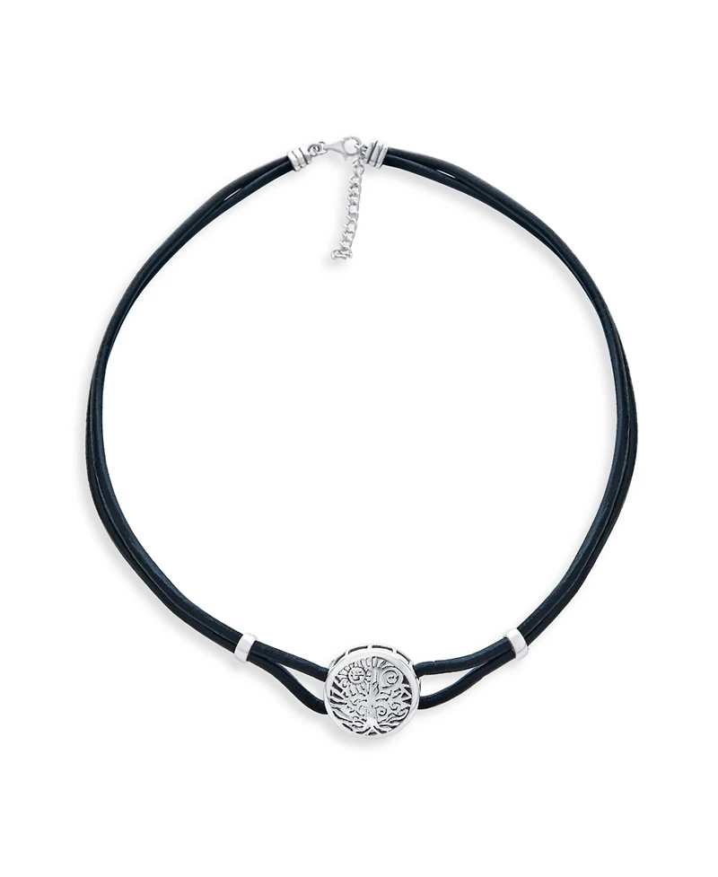 Bling Jewelry Round Disc Medallion Black Leather Celtic Sun Rising Wishing Tree Of Life Collar Necklace Sterling Silver