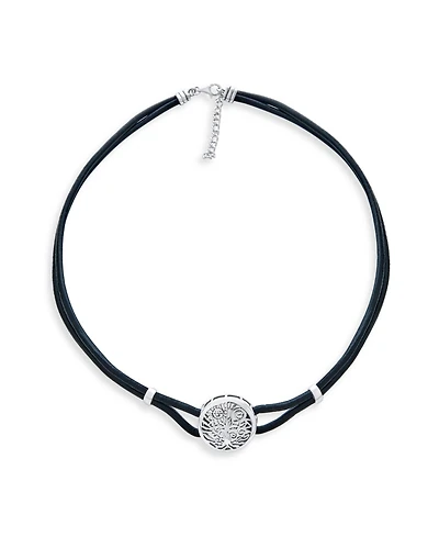 Bling Jewelry Round Disc Medallion Black Leather Celtic Sun Rising Wishing Tree Of Life Collar Necklace Sterling Silver
