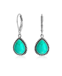 Bling Jewelry Boho Western Style Milgrain Setting Natural Lapis Turquoise Jade Onyx Quartz Pear Shaped Teardrop Dangle Drop Earrings Oxidized .925 Ste