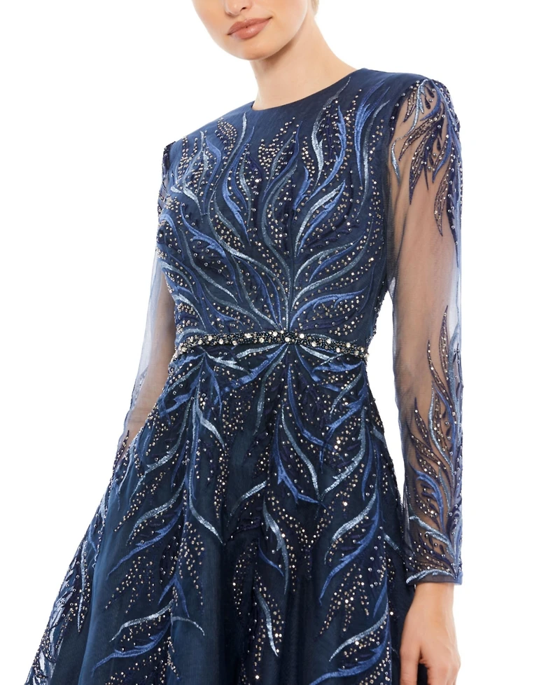 Women's Embellished Tea-Length Illusion Cocktail Dress