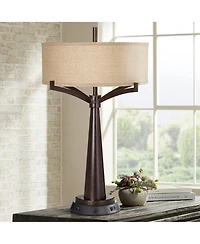 Tremont Rustic Farmhouse Table Lamp 31 1/2" Tall with Usb and Ac Power Outlets in Base Bronze Iron Dimmable Burlap Drum Shade for Bedroom Living Room