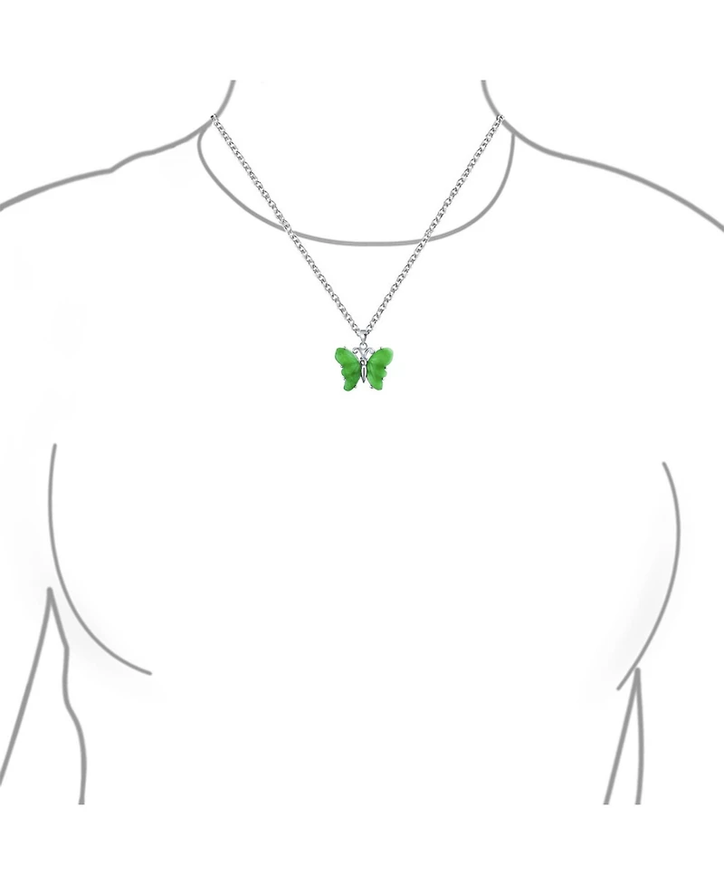 Bling Jewelry Handcrafted Carved Green Natural Jade Garden Butterfly Pendant Necklace For Women Sterling Silver With Chain