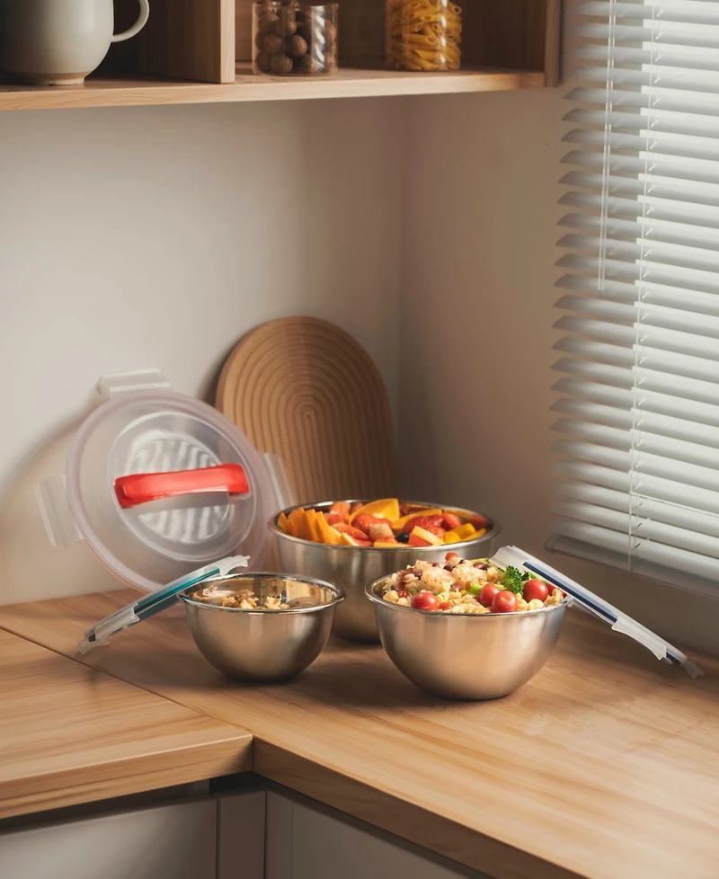 Genicook 6 Pc Nesting Stainless Steel Mixing Bowl Set, W Lock Down Lids and Carry Handle