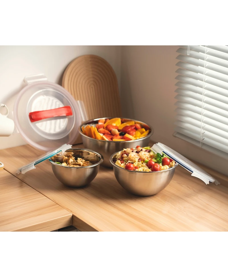 Genicook 6 Pc Nesting Stainless Steel Mixing Bowl Set, W Lock Down Lids and Carry Handle