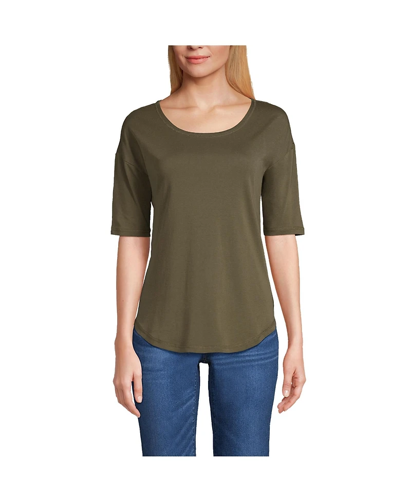 Lands' End Women's Supima Micro Modal Elbow Sleeve Balletneck Curved Hem Top