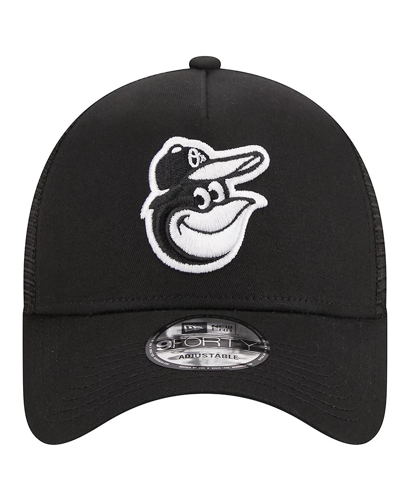 Men's New Era Black Baltimore Orioles A-Frame 9FORTY Trucker Adjustable Hat