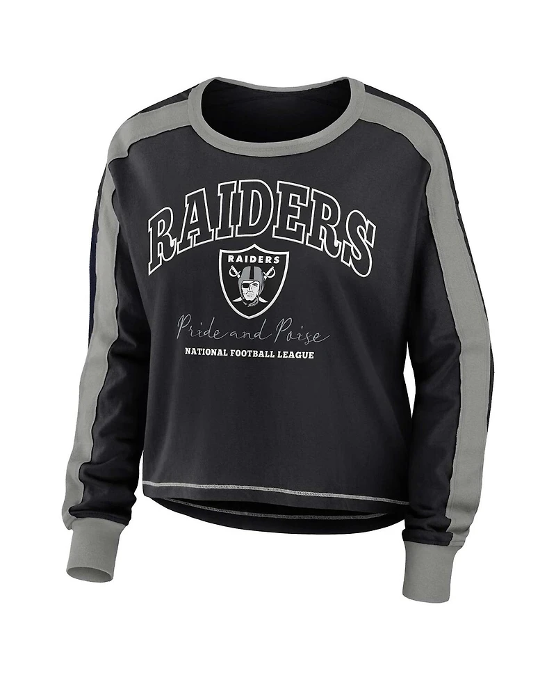 Women's Wear by Erin Andrews Black, Silver Las Vegas Raiders Color Block Modest Crop Long Sleeve T-shirt