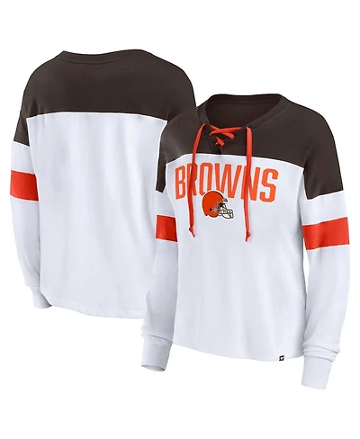 Women's Fanatics White, Brown Cleveland Browns Plus Even Match Lace-Up Long Sleeve V-Neck Top