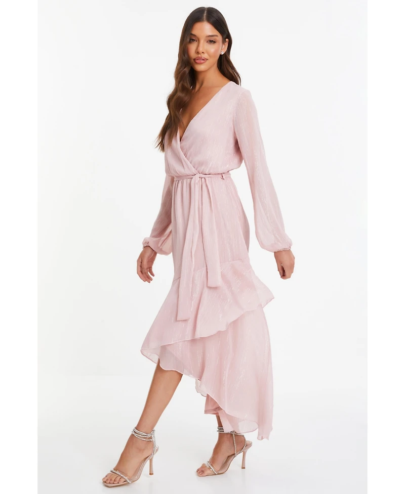 Quiz Women's Metallic Chiffon Long Sleeve Wrap Maxi Dress