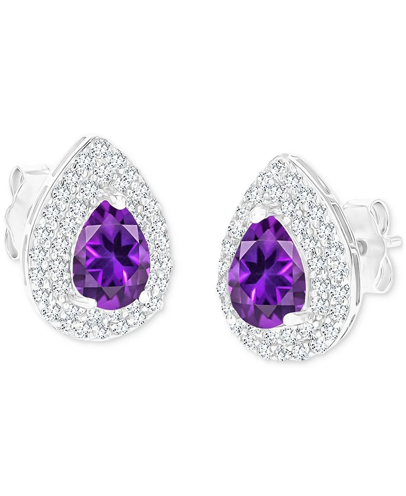 Amethyst (1-1/5 ct. t.w.) & Lab-Grown White Sapphire (1/2 Pear Halo Birthstone Stud Earrings Sterling Silver (Also Additional Birthsto
