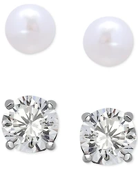 Giani Bernini 2-Pc. Set Cultured Freshwater Pearl (7mm) & Cubic Zirconia Stud Earrings in Sterling Silver, Created for Macy's