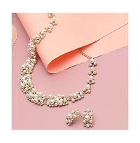 Sohi Women's White Pearl Cluster Necklace And Earrings (7-8 mm) (Set Of 2)