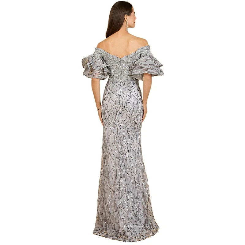 Lara Women's Off shoulder mermaid beaded gown with tiered sleeves