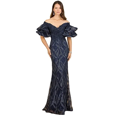 Lara Women's Off shoulder mermaid beaded gown with tiered sleeves