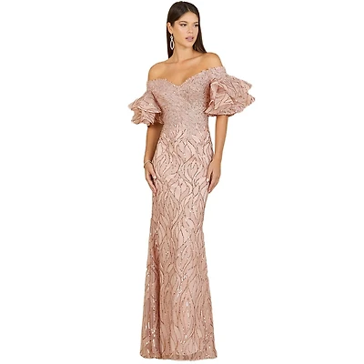 Lara Women's Off shoulder mermaid beaded gown with tiered sleeves