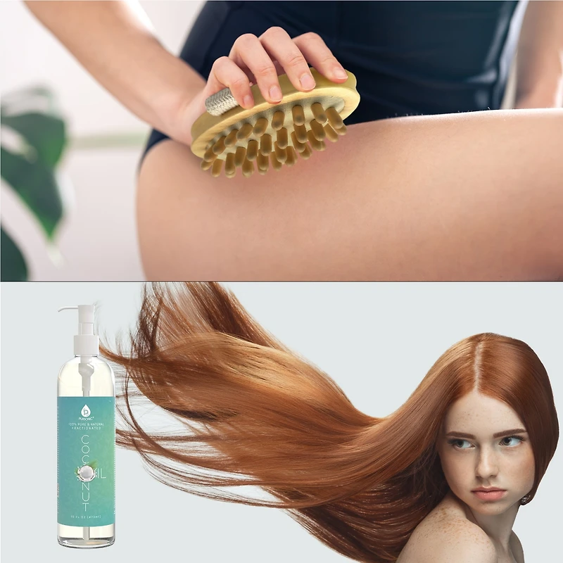 Pursonic Nourishing Beauty Bundle: Fractionated Coconut Oil (16 Oz) & Boar Bristle Bath Brush