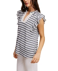 Fever Women's V-Neck Ruffle Flutter Short Sleeve Top