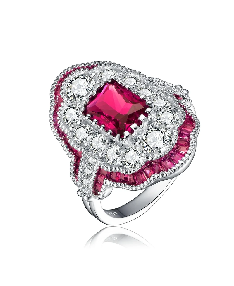 Sterling Silver White Gold Plated Radiant and Baguette Cubic Zirconia Cocktail Ring