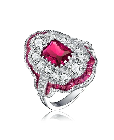 Sterling Silver White Gold Plated Radiant and Baguette Cubic Zirconia Cocktail Ring