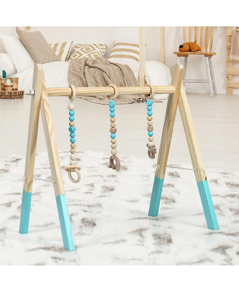 Portable 3 Wooden Newborn Baby Exercise Activity Gym Teething Toys Hanging Bar