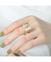 Sterling Silver 14K Gold Plated Hollow Cube Design with 4 Genuine Freshwater Pearl Geometric Ring