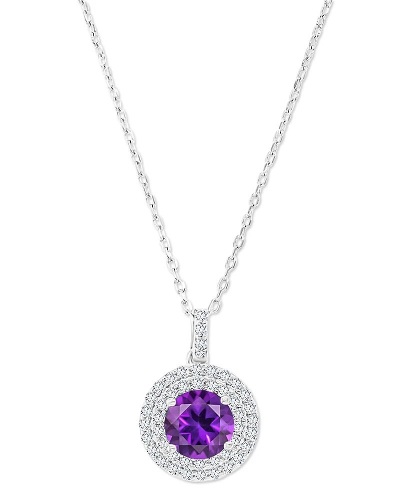 Amethyst (1-1/5 ct. t.w.) & Lab-Grown White Sapphire (3/8 Halo Birthstone Pendant Necklace Sterling Silver, 16" + 2" extender (Also Ad