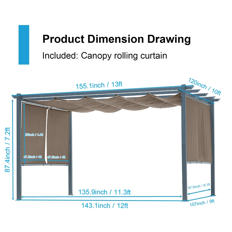 Aoodor 120''x155.1''x87.4'' Outdoor Pergola with Retractable Canopy, Aluminum Frame, 4 Pieces Patio Sun Shade Shelter for Backyard.