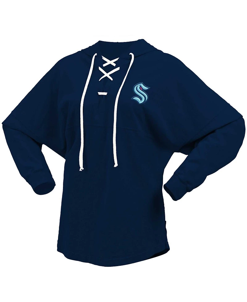 Women's Fanatics Deep Sea Blue Seattle Kraken Jersey Lace-Up V-Neck Long Sleeve Hoodie T-shirt
