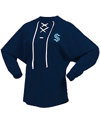 Women's Fanatics Deep Sea Blue Seattle Kraken Jersey Lace-Up V-Neck Long Sleeve Hoodie T-shirt