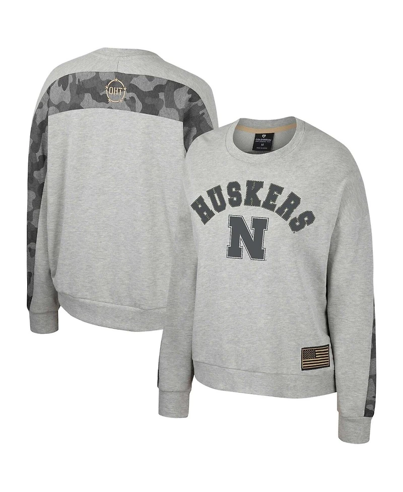 Women's Colosseum Heather Gray Nebraska Huskers Oht Military-Inspired Appreciation Flag Rank Dolman Pullover Sweatshirt