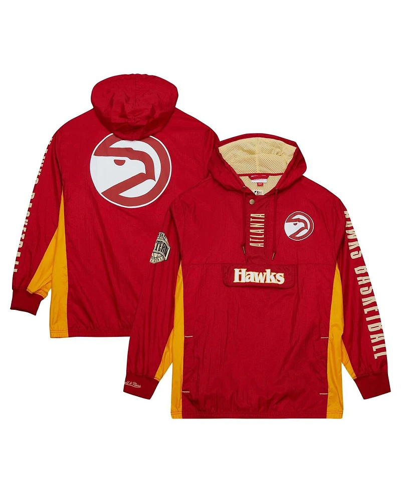 Men's Mitchell & Ness Red Distressed Atlanta Hawks Team Og 2.0 Vintage-Like Logo Anorak Windbreaker Quarter-Zip Jacket