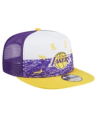 Men's New Era Purple Los Angeles Lakers Arch A-Frame Trucker 9FIFTY Snapback Hat