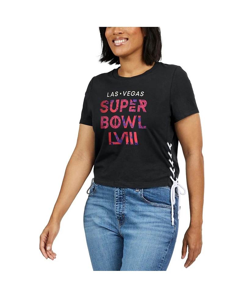 Women's Wear by Erin Andrews Black Super Bowl Lviii Cropped Lace-Up T-shirt
