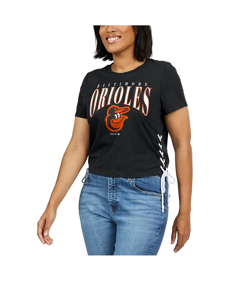Women's Wear by Erin Andrews Black Baltimore Orioles Side Lace-Up Cropped T-shirt