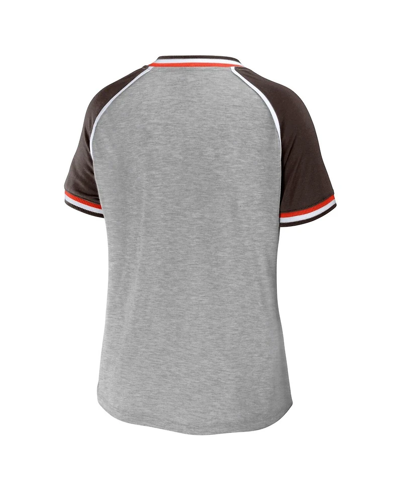 Women's Wear by Erin Andrews Heather Gray Distressed Cleveland Browns Cropped Raglan Throwback V-Neck T-shirt
