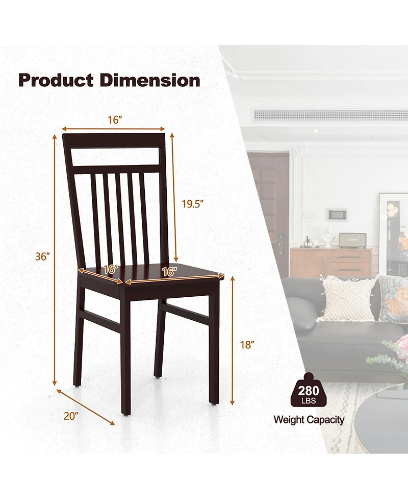 Costway Farmhouse Dining Chair Set of 2 Armless Wooden Chair with Slanted High Backrest
