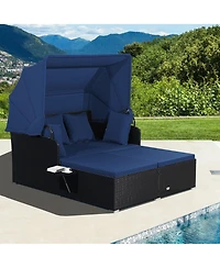 Costway Patio Rattan Daybed Lounge Retractable Top Canopy Side Tables Cushions