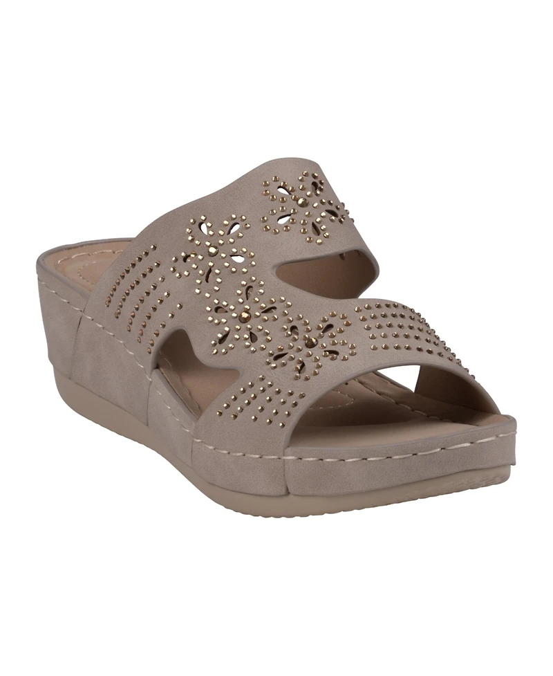 Gc Shoes Women's Santiago Perforated Studded Slip-On Wedge Sandals