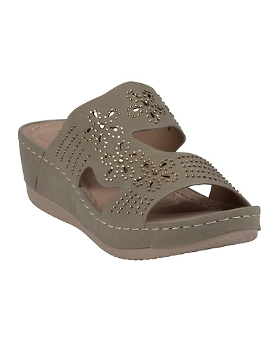 Gc Shoes Women's Santiago Perforated Studded Slip-On Wedge Sandals
