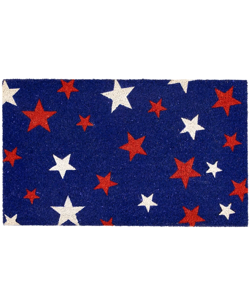 Northlight Blue Coir Red and White Stars Americana Outdoor Doormat, 18" x 30"
