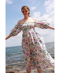 Jessie Zhao New York Violet Garden Smocked Cotton Silk Dress