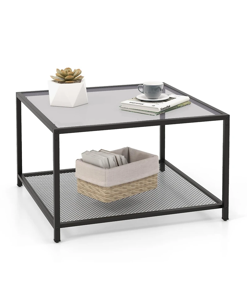 Glass Coffee Table 27.5 Inch 2-Tier Square with Mesh Shelf Living Room