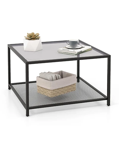 Glass Coffee Table 27.5 Inch 2-Tier Square with Mesh Shelf Living Room